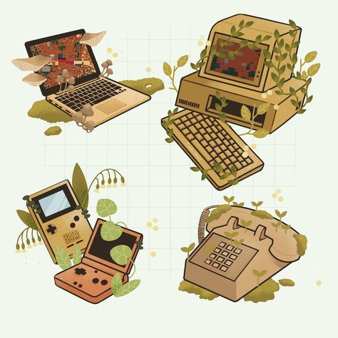 Yukino on Instagram: “Overgrown technology🌱 • • • • • • • #technologyart #retroart #illustration #nostalgia #cuteart #dailyillo #procreateart #ipadart…” Nature And Technology Aesthetic, Overgrown Technology, Overgrown Illustration, Overgrown Drawing, Old Tech, Prototype 2, Plant Sketches, Dark Naturalism, Tv Head