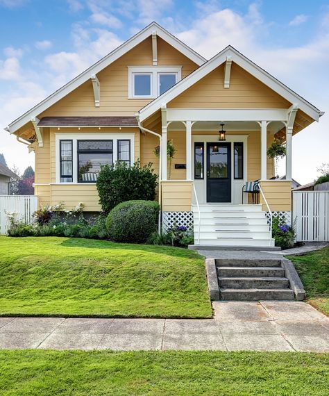 Yellow Craftsman Exterior, Inexpensive Window Treatments, Yellow Exterior, Craftsman Bungalow, Exterior House Color, Craftsman Exterior, Cottages And Bungalows, Craftsman Home, Arts And Crafts House