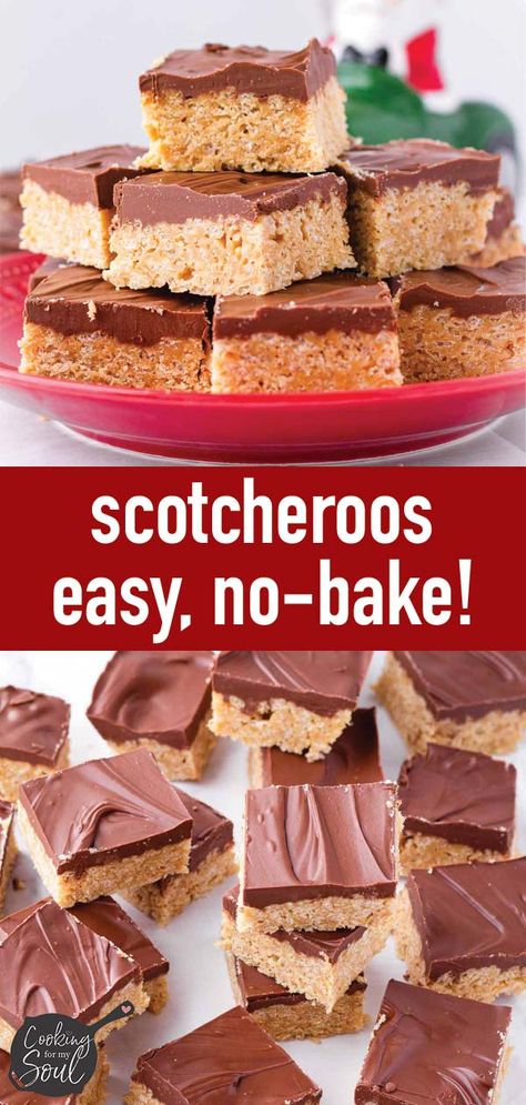 This scotcheroos recipe is easy, quick, and perfect for any occasion! Scotcheroo bars are a no-bake treat made with rice krispies, peanut butter and chocolate! #cookingformysoul Rice Krispies With Peanut Butter And Chocolate, Rice Krispies Peanut Butter, Scotcheroos Recipe, Peanut Butter Rice Krispie Treats, Rice Krispie Bars, Peanut Butter Rice Krispies, Rice Krispie Squares, Chocolate Rice Krispie Treats, Chocolate Slice