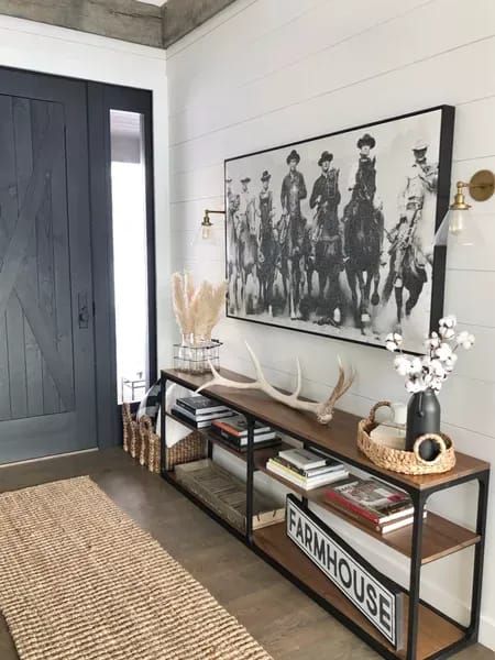 Rustic Western Entryway, Chelsea Houska House Decor, Ranch Style Apartment, Western Foyer Entryway, Modern Mobile Home Decor, Large Western Wall Decor, Traditional Western Home Decor, Classy Country Home Decor, Woodland Home Decor Rustic