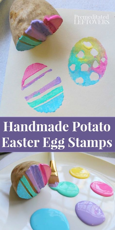 Handmade Potato Easter Egg Stamps for Kids- Grab a potato and make these DIY Easter egg stamps. Kids will love painting with this fun and frugal craft! #easter #kidsactivities Påskeaktiviteter For Barn, Egg Stamps, Egg Stamp, Easter Eggs Diy, Aktivitas Montessori, A Potato, Daycare Crafts, Easter Art, Easter Activities