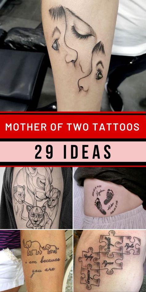 Delicate and Heartfelt: Mother of 2 Tattoo Ideas #tattoosleeve #armtattoo #tats #tattooart #tattooartwork #tattoodesign #tattooinspiration  #blackandgreytattoo #watercolortattoo #irezumi #traditionaltattoo #neotraditionaltattoo  #tattooflash #customtattoo #tattoofreelance #tattooshop #tattoostudio #boldtattoo #fiercetattoo #edgytattoo #powerfultattoo #confidenttattoo Boy Mom Tattoo, Kid Tattoos For Moms, Tattoos Representing Children, Mother And Baby Tattoo, Mother Tattoos For Children, Motherhood Tattoos, Mother Son Tattoos, Mama Tattoo, Twin Tattoos