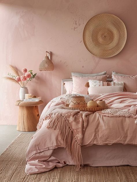 30 Bohemian Bedroom Inspirations for a Whimsical Rest - Home Made Graceful Grounded Aesthetic, Dusty Pink Bedroom, Terracotta Bedroom, Girly Pink Bedroom, Boho Chic Bedroom Decor, Bohemian Bedroom Inspiration, Earthy Pink, Pink Bedroom Walls, Rose Bedroom