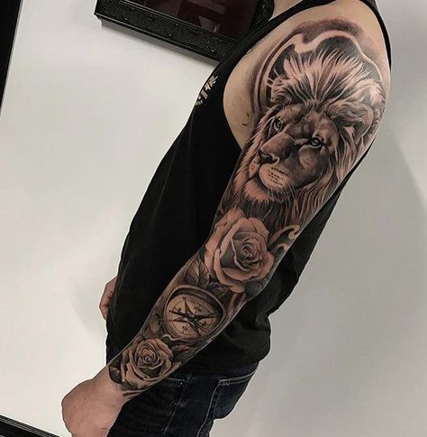 Lion, rose and compass tattoo done by @mendozajeffry | www.otziapp.com Lion Rose Tattoo, Lion And Rose Tattoo, Badass Tattoo Ideas, Mens Full Sleeve Tattoo, Small Watercolor Tattoo, Lion Tattoo Sleeves, Rose Tattoo Sleeve, Men Tattoos, Tattoo Hand