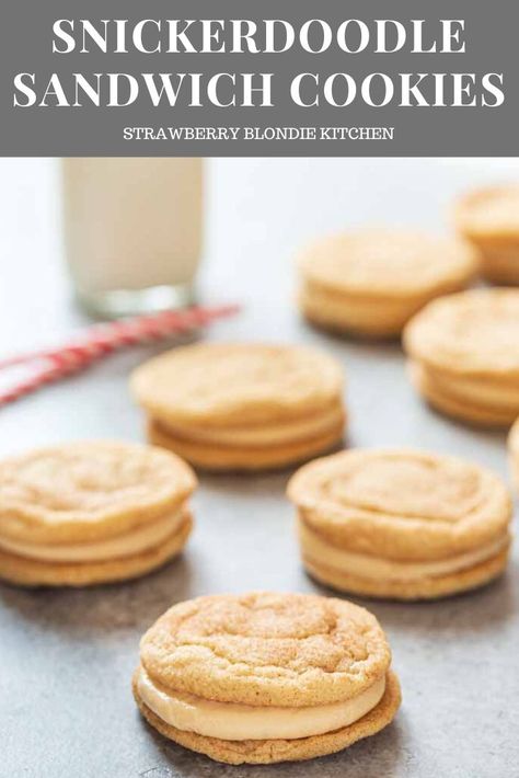 These Snickerdoodle Sandwich Cookies are an easy, chewy traditional cookie recipe sandwiched together with a caramel cream cheese frosting for an upgrade on a classic! #christmascookies #cookies #baking #desserts #dessertrecipes  #cookierecipes #cookiedough #snickerdoodles #snickerdoodlecookie #snickerdoodlecookierecipe #holidayrecipes #christmasrecipes Snickerdoodle Sandwich Cookies, Strawberry Blondie, Caramel Cream Cheese Frosting, Cookie Sandwich Recipes, Basic Cookies, Cookie Recipes Unique, Frozen Cookie Dough, Caramel Cream, Baking Desserts