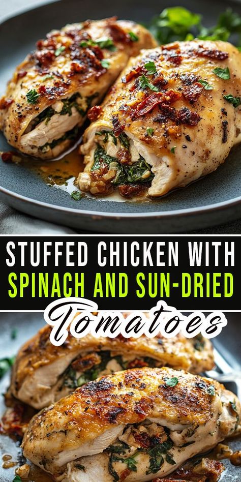 Delight your taste buds with this Stuffed Chicken with Spinach and Sun-Dried Tomatoes 🍗! Juicy chicken breast filled with creamy spinach and flavorful sun-dried tomatoes, perfect for a quick dinner or special occasion. #StuffedChicken #HealthyDinner #SpinachAndTomatoes #ChickenRecipes #EasyDinners #FamilyMeals Stuffed Chicken With Spinach, Chicken Dinner Party Recipes, Low Calorie Chicken Recipes, Stuffed Chicken Recipe, Chicken With Spinach, Sundried Tomato Chicken, Mediterranean Recipes Healthy, Low Calorie Chicken, Chicken And Rice Dishes