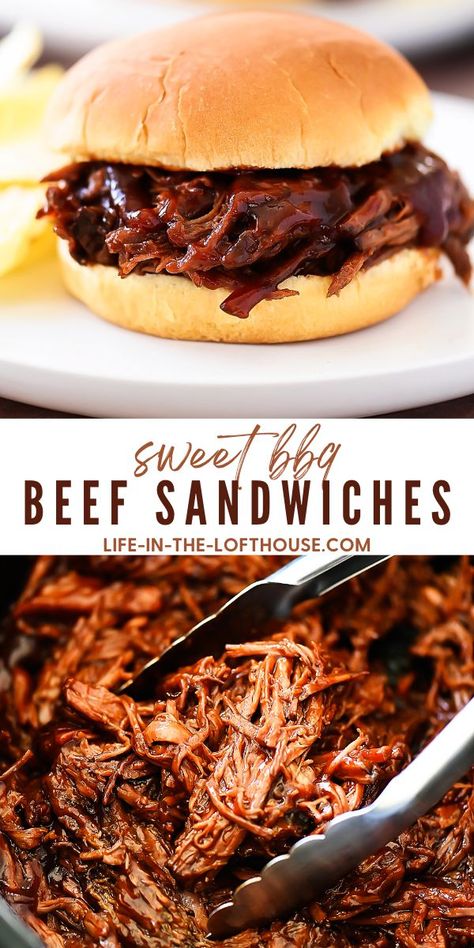 Sweet BBQ Beef Sandwiches Bbq Beef Crockpot, Shredded Beef Sandwiches, Slow Cooker Bbq Beef, Bbq Beef Sandwiches, Shredded Beef Recipes, Beef Barbecue, Beef Sandwich Recipes, Bbq Roast, Pulled Beef