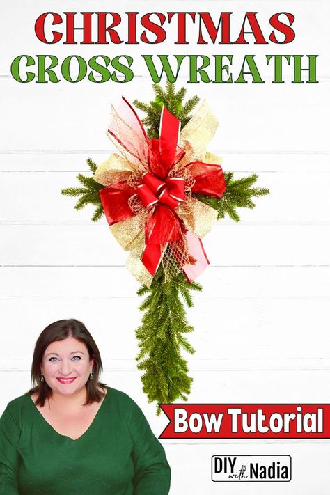 Christmas CROSS WREATH DIY Evergreen Holiday Dollar Tree Wreath Form | Layered Ribbon BOW TUTORIAL Christmas Cross Wreath, Cross Wreath Diy, Dollar Tree Wreath, Ribbon Bow Tutorial, Cross Christmas Tree, Cross Wreath, Dollar Tree Christmas, Tree Wreath, Diy Cross