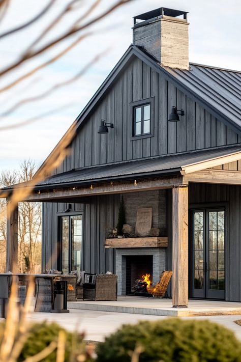 ♥ Looking for inspiration for your dream barndominium? Explore these modern and affordable barndominium ideas with a stylish black exterior and open floor interior design. Whether you prefer rustic or farmhouse style, this collection has something for everyone. 🏡🌿 #barndominiums #barndominiumideas #modernbarndominium #rusticbarndominium #farmhousestyle One Floor Modern Farmhouse, A Frame Porch Ideas, Farmhouse Exterior Paint Ideas, Small Farmhouse Barndominium, Black Farmhouse Interior Design, Barndominium Front Porch Ideas, Barndominium Addition To House, Unique Exterior Design, Modern Farmhouse Exterior Black