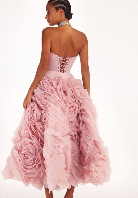 Milla Nova 3000-14 Pink Rosette Ruffle Midi Dress HK | DBR Weddings Duge Haljine, Transparent Corset, Rose Prom Dress, Corset Closure, Ruffle Tulle Dress, Strapless Prom Dress, Pink Corset, Pink Palette, Prom Dresses Sleeveless