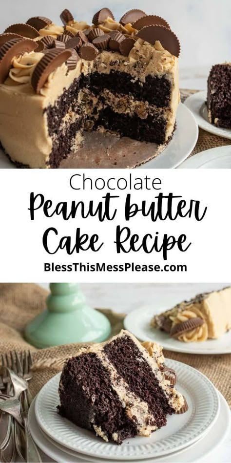 Chocolate Peanut Butter Cake that is moist, beautiful and easy to decorate. This is such a fun cake to make for your next celebration. Peanut Butter Birthday Cake, Reeses Cake, Tasty Cake, Chocolate Peanut Butter Cake, Homemade Chocolate Cake, Butter Cake Recipe, Peanut Butter Cake, Peanut Butter Desserts, Best Peanut Butter