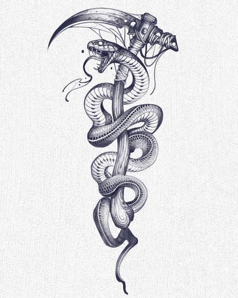 Tattoo Crane, Snake And Dagger Tattoo, Black Snake Tattoo, 42 Tattoo, Cobra Tattoo, Serpent Tattoo, Snake Drawing, Dibujos Tattoo, Snake Tattoo Design