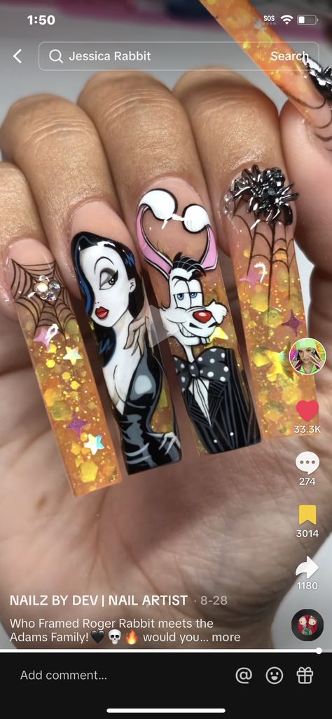 Roger Rabbit Nail Art, Halloween Character Nail Art, Jessica Rabbit Acrylic Nails, Horror Nail Art Designs, Betty Boop Halloween Nails, Joker Nails Acrylic, Oogey Boogey Nails, Cartoon Halloween Nails, Chucky And Tiffany Nails