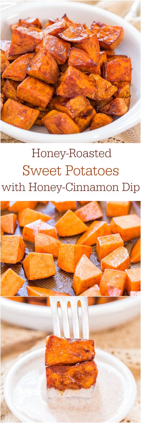 Honey-Roasted Sweet Potatoes with Honey-Cinnamon Dip - The honey glaze and the creamy cinnamon dip make these potatoes irresistible!! Easy, healthy side dish! Shepherd Pies, Cinnamon Dip, Jackie Deshannon, Dip Food, Food Fall, Sweet Potato Cinnamon, Honey Cinnamon, Fall Recipe, Honey Glaze