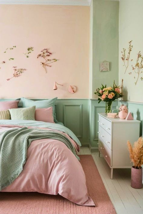 Green And Pink Girls Room, Green Girls Bedroom Ideas, Green And Pink Bedroom Decor, Pink And Green Girls Bedroom, Sage And Pink Bedroom, Pink And Green Bedroom Ideas, Green And Pink Bedroom Ideas, Sage Green And Pink Bedroom, Blush Pink Palette