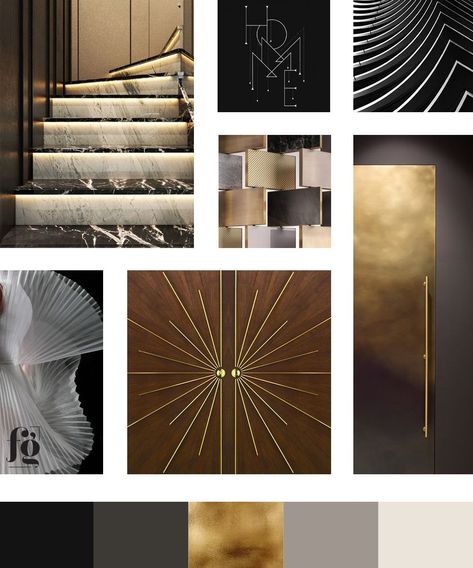 Moodboard and color palette for Marbe Designs. Luxurious, art deco, stylish, geometric. Luxury Color Palette Branding Gold, Art Deco Colour Palette, Art Deco Moodboard, Contemporary Art Deco Interior, Art Deco Color Scheme, Art Deco Color Palette, Basic Logo Design, Art Deco Mood Board, Art Deco Lobby