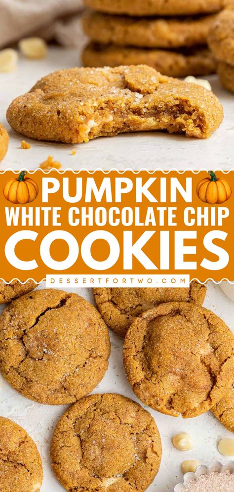 Want a simple dessert this season? Here's an easy fall recipe featuring soft and chewy pumpkin cookies! Along with a snickerdoodle taste, these are the BEST Pumpkin White Chocolate Chip Cookies! White Chip Recipes, Pumpkin With White Chocolate Chips, Fall White Chocolate Chip Cookies, White Chocolate Pumpkin Snickerdoodles, Pumpkin White Chip Cookies, Pumpkin Cookies With White Chips, Pumpkin Cookies With White Chocolate, Gluten Free Pumpkin White Chocolate Chip Cookies, Pumpkin Cookies With White Chocolate Chips