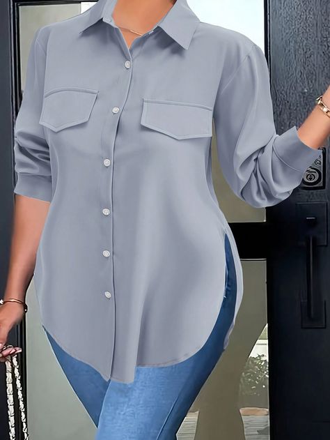 Plus Size Fashionable Solid Color Button Down Shirt With Curved Hemline Grey Casual  Long Sleeve Woven Fabric Plain Shirt Non-Stretch  Women Plus Clothing, size features are:Bust: ,Length: ,Sleeve Length: Latest Fabrics Trends 2024, Shirts With Jeans Women, Long Shirts For Women Style, African Shirts For Women, Shirt Styles For Women, Designer Shirts Women, Women Long Shirt, Long Shirt Outfits, Long Shirts For Women