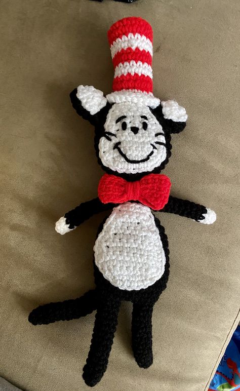 Crochet Cat In The Hat, Cat In The Hat Crochet, Crochet Cat Santa Hat Free Pattern, Disney Sox The Cat Crotchet, Cats In Crochet Hats, Hello Kitty Cat Hat Crochet, Light Bulb Ornaments, Dr Suess, Sensory Garden