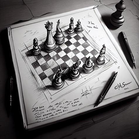 Chess Pencil Sketch, Chess Aesthetic Drawing, Chessboard Drawing, Chess Board Drawing, Chess Sketch, Chess Drawing, Black Poker Cards Wallpaper, Chess Basics, Peace Drawing