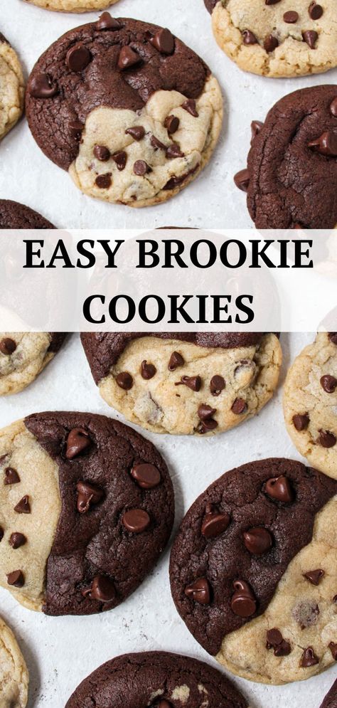 Brookie Cookies are half soft and chewy chocolate chip cookie and half thick and fudgy brownie. They are no-chill, quick, and easy! Half Brownie Half Chocolate Chip Cookie, Half Cookie Half Brownie, Brownie And Chocolate Chip Cookies, Friendship Cookies Recipe, Brookie Cookie Recipe, Half And Half Cookies, Beginner Cookie Recipes, Cookie And Brownie Together, Crispy Chocolate Chip Cookie Recipe