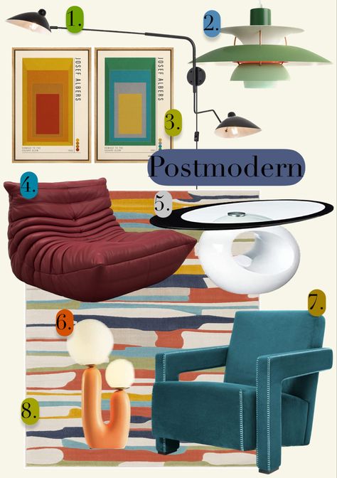 A mood board with different decor and furniture in reflection of postmodern design elements. Post Modern Furniture Design, Post Modern Style Interior Design, Bauhaus Room Decor, Bedroom Post Modern, Post Modernism Interior Design, Postmodern Bedroom Design, Bauhaus Aesthetic Interior Design, Postmodernism Interior Design, Postmodernism Furniture