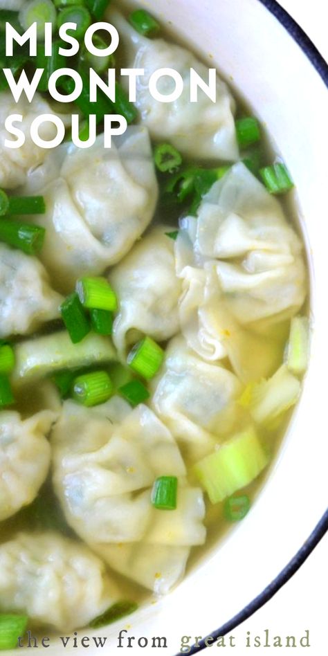 Japanese Wonton Soup, Miso Potsticker Soup, Dumpling Miso Soup, Miso Dumpling Soup, Chicken Miso Soup, Gyoza Chicken, Miso Wonton Soup, Miso Recipes, Wonton Soup Recipe