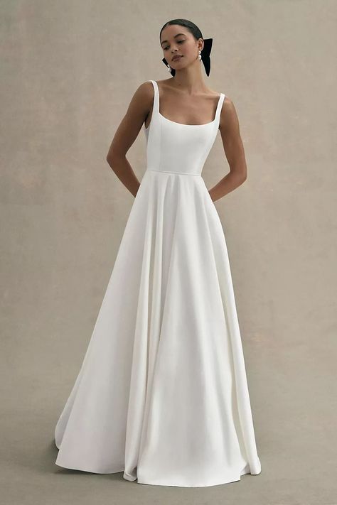 Lawrence Square-Neck Open-Back Taffeta Wedding Gown Scoop A Line Wedding Dress, Chateau Wedding Dress, Trendy Beach Wedding, Modest Minimalist Wedding Dress, Fun Elopement Dress, Wedding Dress Older Bride, Jenny Yoo Lawrence, Jenny By Jenny Yoo, Square Neck Wedding Dress