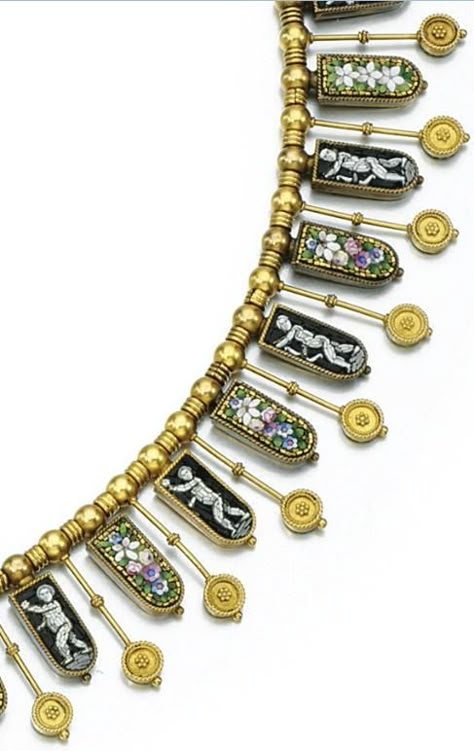 Detail: gold and micro-mosaic necklace, circa 1870. Mosaic Necklace, Micro Mosaic Jewelry, Mosaic Jewelry, Historical Jewellery, Necklace Collection, Micro Mosaic, Italian Jewelry, Brighton Jewelry, Victorian Jewelry