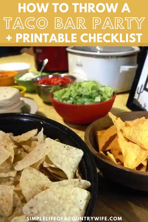 Throwing a taco bar party just might make your house the coolest one in town, everyone loves tacos, and everyone loves parties. So, grab the taco bar party checklist printable in this post and start planning your awesome shindig! | checklist for taco bar | taco bar party buffet checklist | taco bar party checklist | taco bar buffet checklist | taco bar buffet checklist | taco bar checklist printable | how to throw a taco party | how to throw a taco bar party Taco Buffet Ideas, Taco Bar Party Ideas, Taco Bar Buffet Set Up, Bar Checklist, Taco Bar Ideas, Taco Bar Buffet, Bar Party Ideas, Bar Taco, Budget Meal Prep