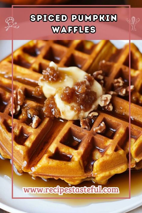 These cozy Spiced Pumpkin Waffles are perfect for autumn breakfasts or brunches. Enhanced by the nutty flavor of brown butter maple syrup, they elevate any morning routine, making them ideal for holiday meals or meal prep. Pumpkin Waffles Recipe, Pumpkin Spice Waffles, Waffles Recipe, Pumpkin Waffles, Waffle Toppings, Pumpkin Spice Syrup, Pumpkin Butter, Spiced Pumpkin, Fall Breakfast