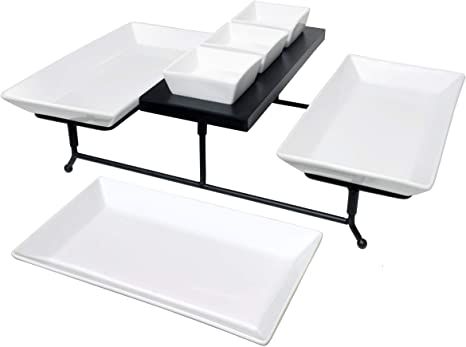 Amazon.com | The Most Versatile 3 Tier Serving Tray. Collapsible metal stand with 3 plates & 3 bowls on black wood base. Tiered tray party food server display for appetizers, cupcakes, fruit, cheese, desserts.: Platters Marathon Party, 3 Tier Tray, 3 Tier Serving Tray, Tier Serving Tray, Cheese Desserts, Elegant Plates, Stacking Bowls, Serving Stand, Serving Tray Set