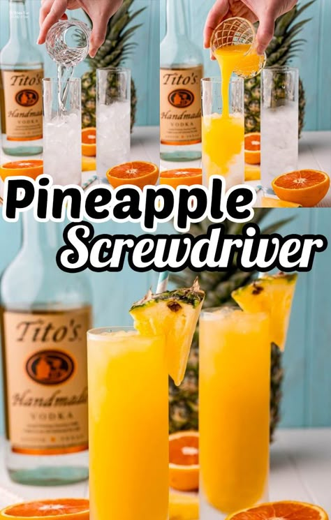 Cocktails On The Go, Pineapple Vodka Cocktails, Pineapple Screwdriver, Bridgeton Party, Screwdriver Drink, Flavored Vodka Drinks, Fruity Cocktail Recipes, Hippie Juice, Pineapple Vodka