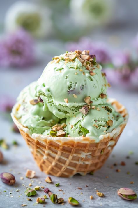 Do you love pistachio ice cream? Look no further than this heavenly homemade pistachio ice cream recipe! It’s creamy and delicious with salty, crunchy pieces of pistachio in every scoop. Pistachio Almond Ice Cream, Pistachio Candy, Homemade Pistachio Ice Cream, Pistachio Ice Cream Recipe, Gelato Aesthetic, Ice Cream Ideas, Custard Ice Cream, Almond Ice Cream, Avocado Ice Cream