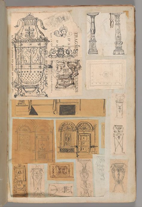 Workshop of Charles Percier | Page from a Scrapbook containing Drawings and Several Prints of Architecture, Interiors, Furniture and Other Objects | The Met Book Page Collage, Reims Cathedral, Interior Drawing, Museum Studies, Ornament Drawing, Study Trip, Scrapbook Book, Chalk Drawings, Collage Vintage