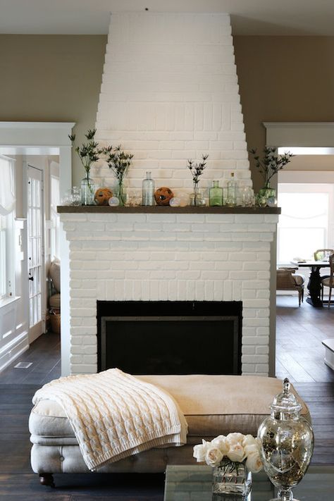 Bench In Front Of Fireplace, Styled Fireplace, Bench Fireplace, Fireplace Bench, Brick Fireplace Wall, Linen Bench, Fireplace Style, White Brick Fireplace, Cottage Fireplace