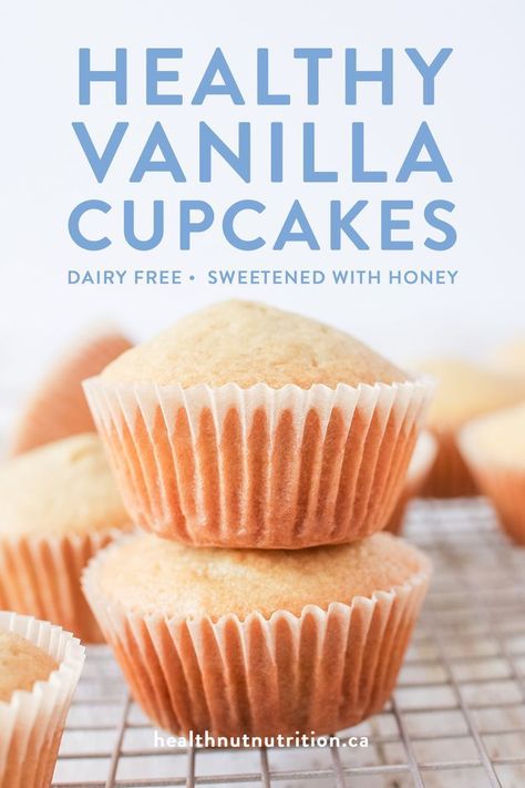 These light and fluffy vanilla cupcakes are a healthier twist on an old classic, made with spelt flour and lightly sweetened with honey! Spelt Flour Cupcakes, Spelt Flour Vanilla Cupcakes, Easy Healthy Cupcake Recipes, Easy Healthy Cupcakes, Healthy Cupcake Recipes For Kids, Healthy Vanilla Muffins, Honey Vanilla Cupcakes, Healthy Cupcakes Clean Eating, Healthy Cupcakes For Kids