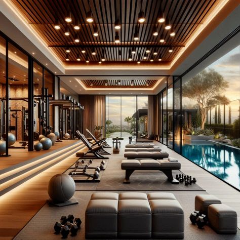 Create a personal fitness oasis with a luxury home gym that includes an outdoor pool and spacious workout area. A blend of elegance and functionality. #LuxuryHomeGym #OutdoorFitnessOasis #CustomGymDesign #PoolsideWorkout #ElegantFitnessSpace #Pool Home Gym Modern Luxury, Luxurious Home Gym, Luxury Gym Interior, Gymnasium Interior, Luxury Gym Design, Luxury Indoor Pool, Home Gym Design Luxury, Holistic Clinic, Fancy Gym