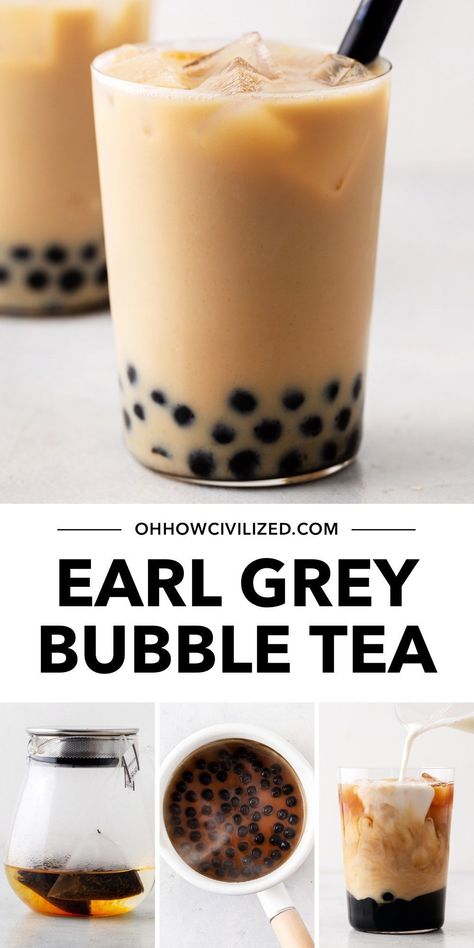 Earl Grey bubble tea is milky and creamy, with hints of citrus coming from bergamot-infused black tea. This drink is surprisingly easy to make at home. #earlgrey #londonfog #bubbletea #milktea #bobatea #earlgreybubbletea Chai Bubble Tea, Chai Boba Tea Recipe, Chai Milk Tea, Easy Bubble Tea Recipe, Brown Sugar Milk Tea, Brown Sugar Milk, Milk Tea Boba, Desert Food, Boba Tea Recipe