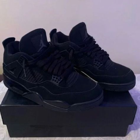 Black Cats Retros 4s Size 10/10.5 Back To School Shoes Black People, Shoe Wishlist 2024, Shoes For Streetwear, Black Cats Jordans, Full Black Shoes, Jordan 4s Black, Jordan Retro 4 Black Cat, Black Cat Jordan 4, Black Cat Shoes