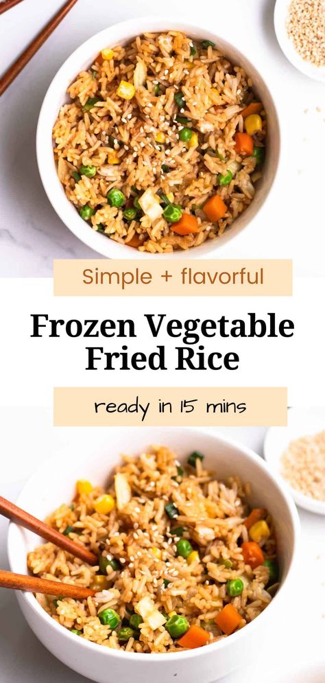 This frozen vegetable fried rice is the perfect easy weeknight dinner! It requires minimal prepping and is ready in 15 minutes. A budget-friendly recipe that is delicious and highly customizable. Vegetable Fried Rice Recipe, Curry Fried Rice, Seitan Chicken, Vegetarian Oyster Sauce, Tofu Soup, Teriyaki Tofu, Rice Paper Rolls, Tofu Stir Fry, Kimchi Fried Rice