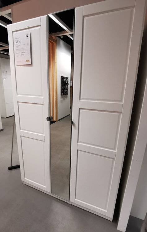 Pax With Mirror Doors, Pax Mirror Wardrobe, Ikea Pax Tyssedal, Ikea Pax Mirror, Ikea Tyssedal, Glass Door Wardrobe, Wardrobe With Mirrors, White Glass Door, Ikea Closet System