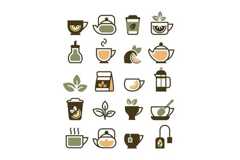 tea cups icons. symbols of hot drinks green tea coffee leaves kettle and cups vector illustration Tea Symbol, Coffee Symbol, Coffee Leaves, Green Tea Coffee, Fragrance Lab, Mini Drawings, Creative Drawing, Bullet Journal Ideas Pages, Logo Design Trends