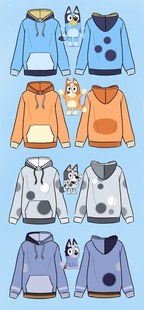 These are some Bluey hoodie designs I came up with 😊 some day I'll make them "for real life"! Blue Hoodie Sweatshirt With Character Print, Bluey Shirt For Mom, Bluey Shirts For Mom, Bluey Shirt Design, Bluey Sweatshirts, Some Day, Outfit Women, Hoodie Design, Inspired Outfits