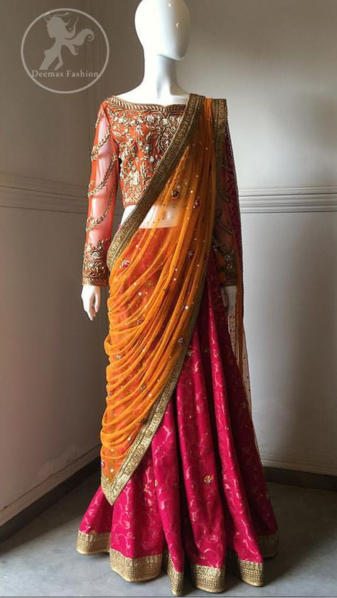 Orange Dupatta Combination, Indian Bridesmaid Outfits, Chunni Ceremony, Hot Pink Lehenga, Gota Patti Lehenga, Yellow Dupatta, Pink Kurti, Orange Lehenga, Yellow Lehenga