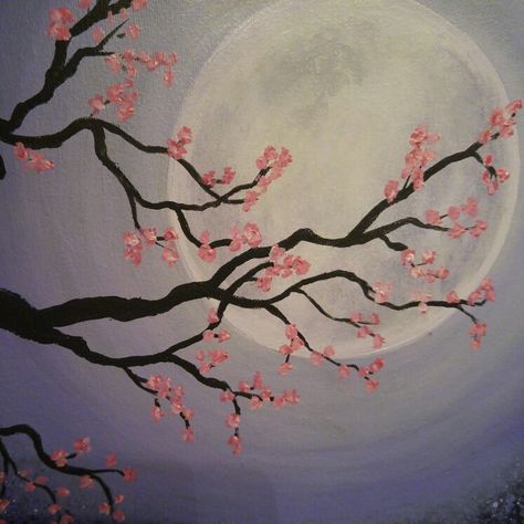 Tree And Moon Drawing, Cherry Blossom Moon Painting, Drawing Cherry Blossom Tree, White Cherry Blossom Painting, Watercolor Art Cherry Blossom, Japanese Trees Painting, Japanese Cherry Blossom Painting Easy, Cherry Blossom Painting Simple, How To Draw A Cherry Blossom Tree