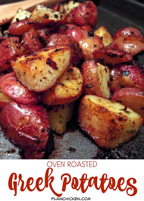 Oven Roasted Greek Potatoes - new potatoes tossed in olive oil, Greek seasoning and lemon. These potatoes are SO good! Only takes a minute to toss together. Everyone raves about them! Roasted Potatoes Ina Garten, Roasted Greek Potatoes, Barefoot Contessa Recipes, Greek Potatoes, Oven Roasted Potatoes, Greek Seasoning, Barefoot Contessa, Potato Dishes, Red Potatoes