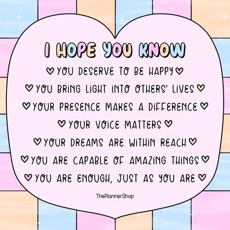 Happy Wednesday lovelies, here’s a mid week reminder! ✨ I hope you know: 🩷 You deserve to be happy 🧡 You bring light into others’ lives 🩵 Your presence makes a difference 🩷 Your voice matters 🧡 Your dreams are within reach 🩵 You are capable of amazing things 🩷 You are enough, just as you are I hope you never forget how special you are. 🩵✨ Your light shines brightly, and the world is better because of you. Keep believing in yourself and your unique journey. Embrace every moment with con... Reminder You Are Amazing, Just A Reminder Quote You Are Amazing, You Are Capable Of Amazing Things, I Hope You Are Happy, You Are Capable, You Deserve To Be Loved, I Believe In You, I Deserve To Be Happy, Beauty Tips Quotes