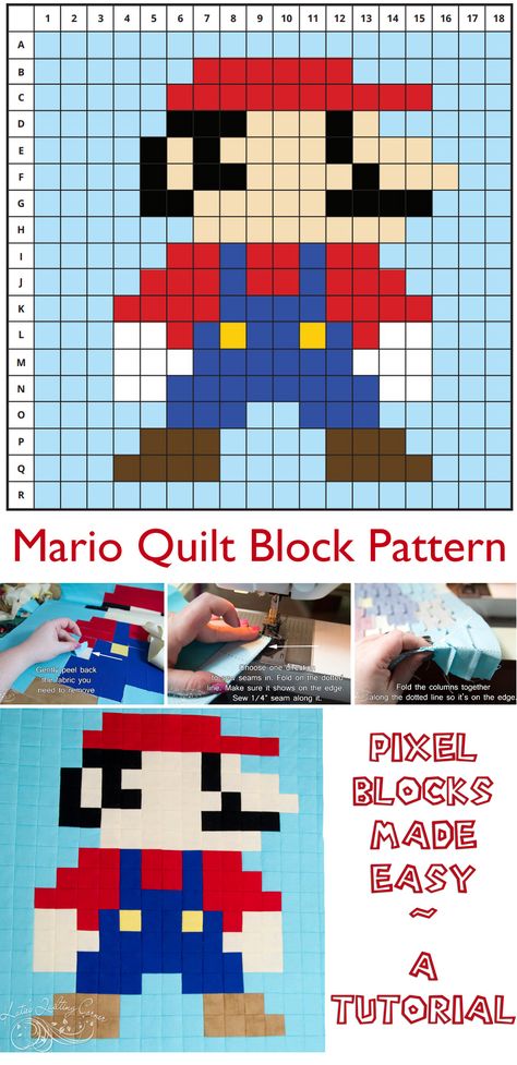 Mario Pixel Quilt Block. Mario Brothers Quilt Pattern, Quilt Grid Pattern, Super Mario Quilt Pattern, Pixelated Quilt Pattern, Video Game Quilt Pattern, Gaming Quilt Patterns, Gamer Quilt Patterns, Minecraft Quilt Pattern, Super Mario Quilt