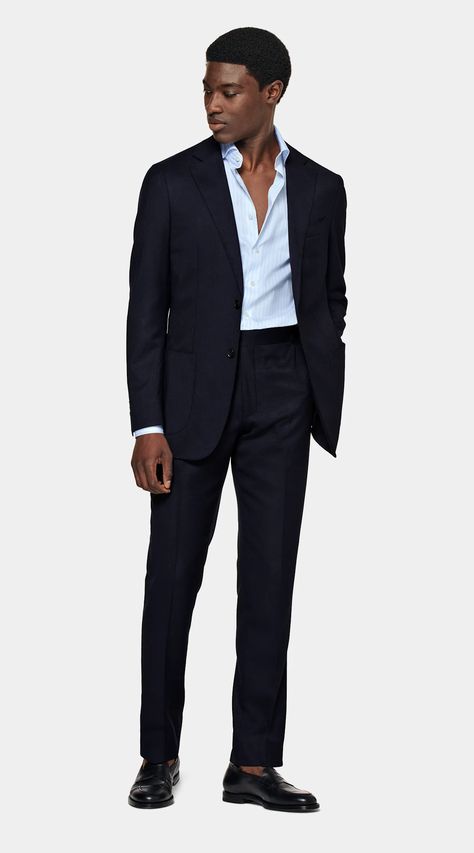 Sharp style with a relaxed vibe. Blazer: Notch lapel, patch pockets. Trousers: Flat front, back pockets, after-dinner split. Formal Blazer Outfits, Formal Attire For Men, Stylish Mens Suits, Mens Business Casual Outfits, Classy Outfits Men, Classy Suits, Mens Fashion Blazer, Dress Suits For Men, Street Style Outfits Men